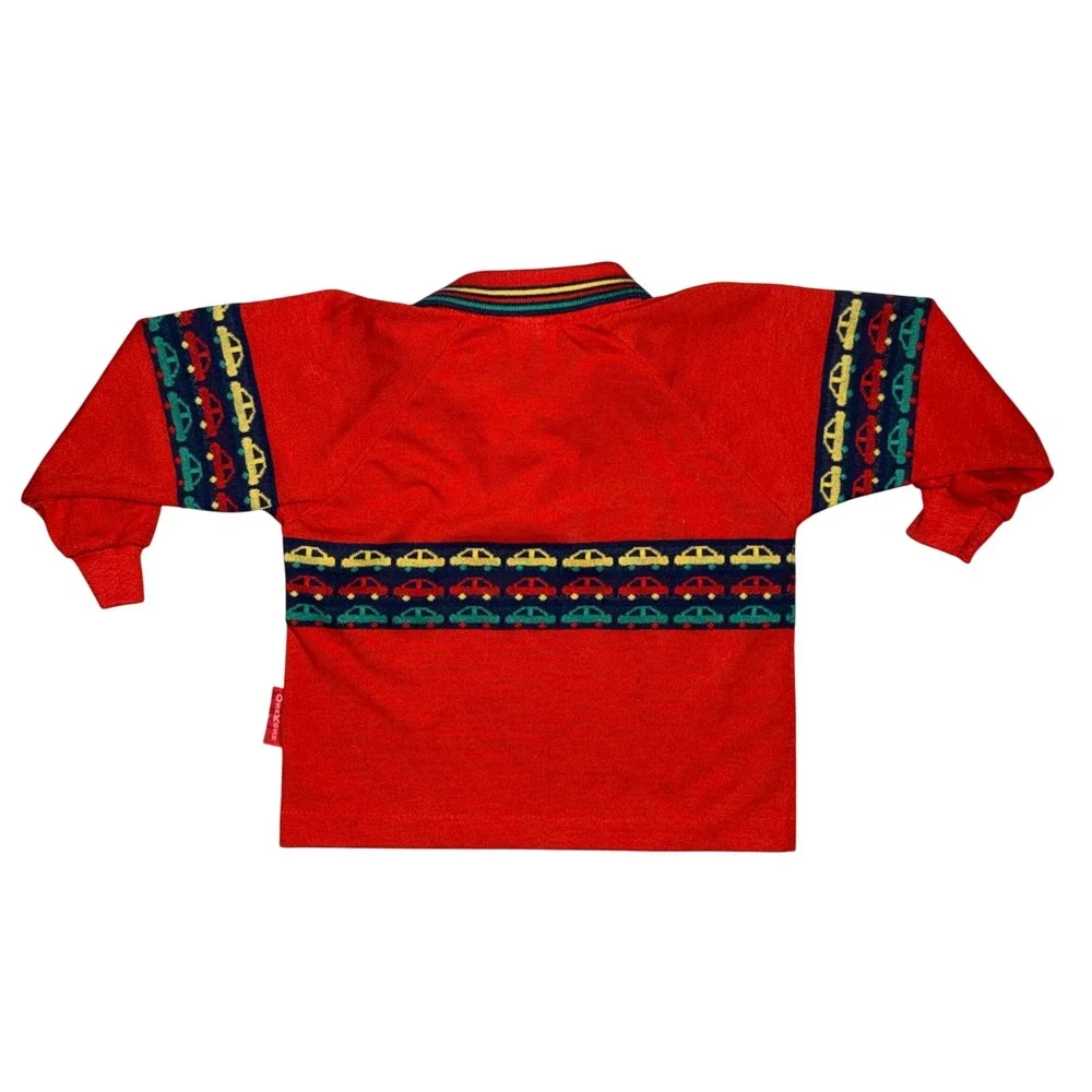 Vintage OshKosh Bgosh Kids Red Car Pattern Long Sleeve Polo Shirt 24 Months USA